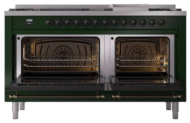 Ilve® Nostalgie II Noblesse 60'' Emerald Green Pro Style Dual Fuel Range with Burnished Trim-2