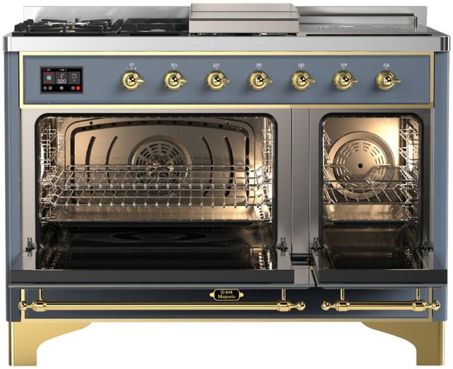 Ilve® Majestic III 48" Blue Gray Pro Style Dual Fuel Natural Gas Range with 5 Black Brass Burners and Brass Trim-1