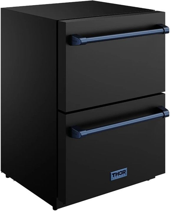 Thor Kitchen Gordon Ramsay Collection 24” 5.4 Cu. Ft. Anti-Fingerprint Black Built-In or Freestanding Under the Counter Refrigerator Drawer with Blue Handle-2