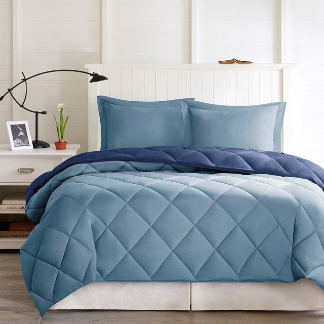 Olliix by Madison Park Essentials Larkspur Light Blue and Navy Full/Queen 3M Scotchgard Reversible Down Alternative Comforter Set-2