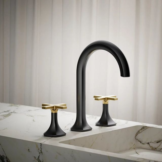 KOHLER® Occasion® Matte Black with Brushed Moderne Brass Cross Bathroom Sink Faucet Handles-3