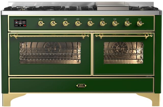 Ilve® Majestic III 60" Emerald Green Pro Style Dual Fuel Natural Gas Range with Triple Glass Door and Brass Trim-0