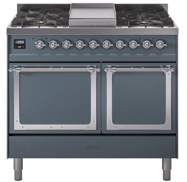 Ilve® Nostalgie II Noblesse 40'' Blue Gray Pro Style Dual Fuel Range with Chrome Trim-0