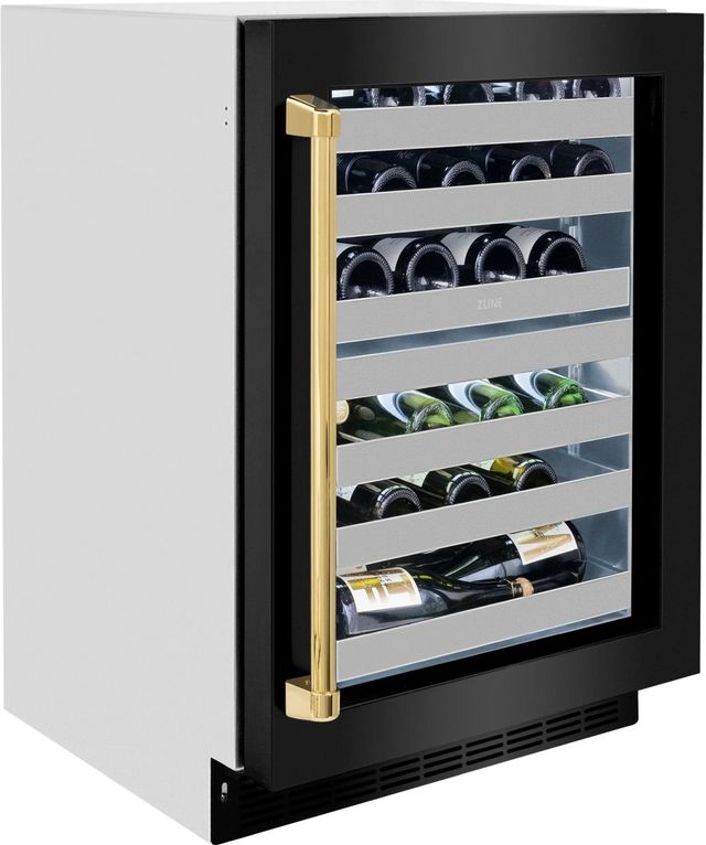 ZLINE Autograph Edition Touchstone 24" 4.8 Cu. Ft. Stainless Steel Wine Cooler with Black Stainless Steel Glass Door and Polished Gold Handle-2