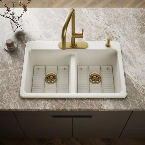 KOHLER® Riverby® Biscuit 33" 4-Faucet Hole Top-Mount Double-Equal Bowl Kitchen Sink-1