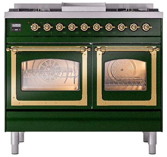 Ilve® Nostalgie II Noblesse 40'' Emerald Green Pro Style Dual Fuel Range with Brass Trim-1