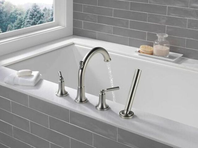 Delta Saylor® Stainless Roman Tub Trim with Hand Shower-1