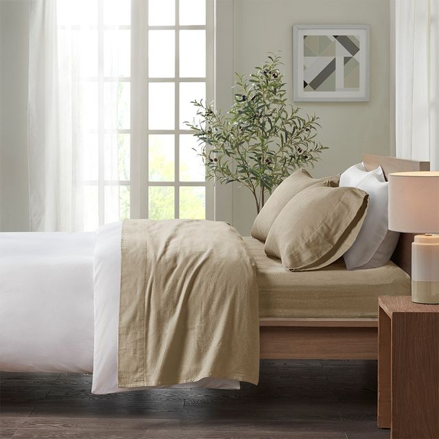Olliix by True North by Sleep Philosophy Tan Solid Twin Cozy 100% Cotton Flannel Printed Sheet Set-3