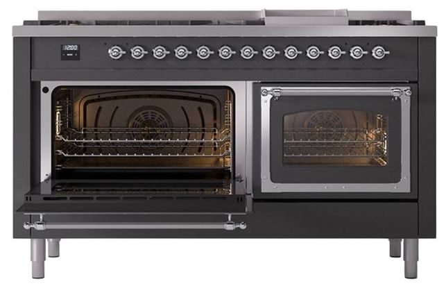 Ilve® Nostalgie II Noblesse 60'' Graphite Matte Pro Style Dual Fuel Range with Chrome Trim-3