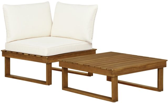 Linon Sea Breeze 2-Piece Beige/Brown Wooden Outdoor Table and Corner Chair with Cushion Set-0