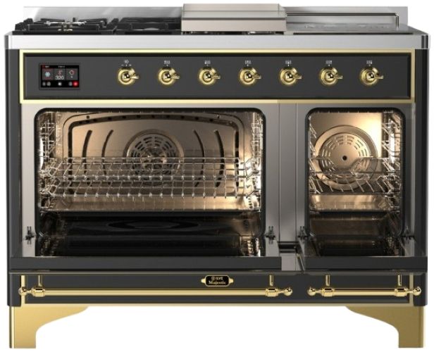 Ilve® Majestic III 48" Graphite Matte Pro Style Dual Fuel Liquid Propane Range with French Top and Brass Trim-1