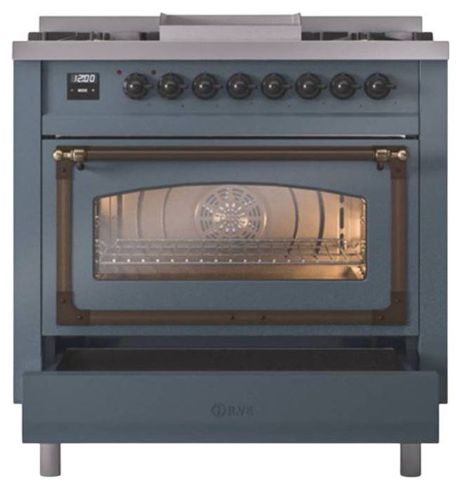 Ilve® Nostalgie II Noblesse 36'' Blue Gray Pro Style Dual Fuel Range with Burnished Trim-3