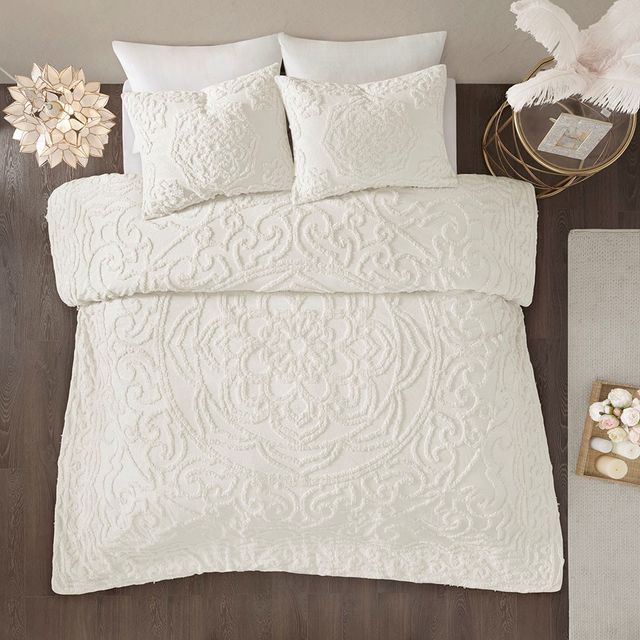 Olliix by Madison Park Ivory Twin/Twin XL Laetitia Tufted Cotton Chenille Medallion Comforter Set-2