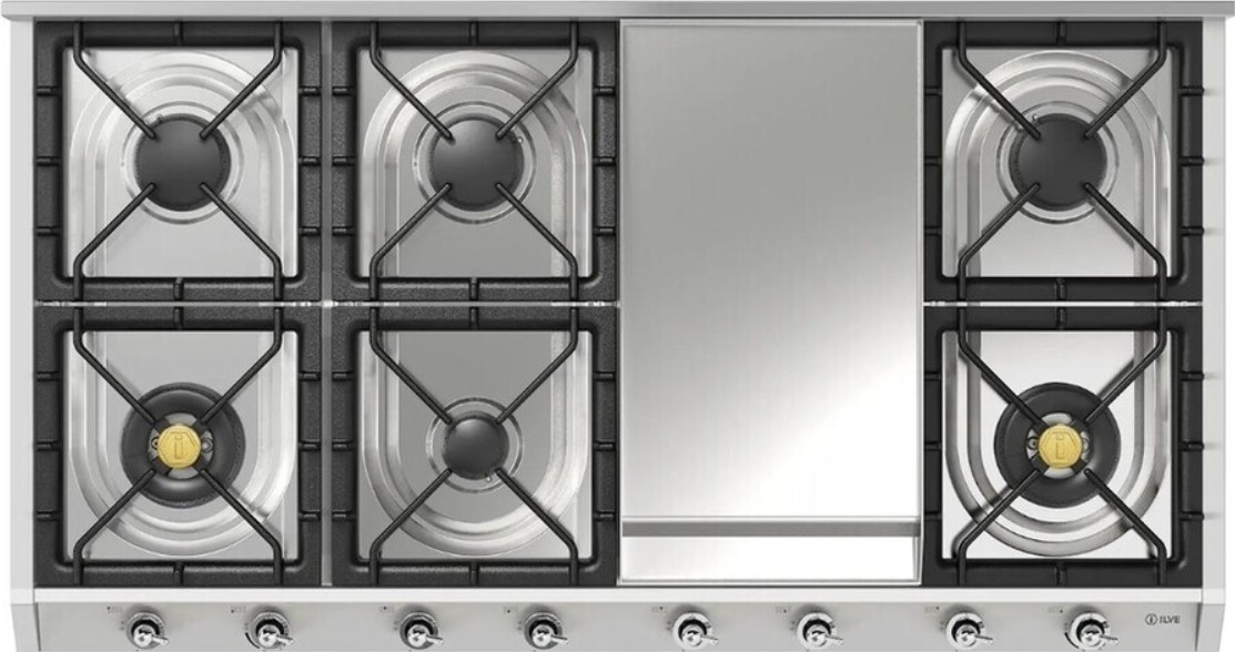 Ilve Nostalgie II 48” Stainless Steel Liquid Propane Cooktop with 8 Burners, Griddle and Chrome Trim