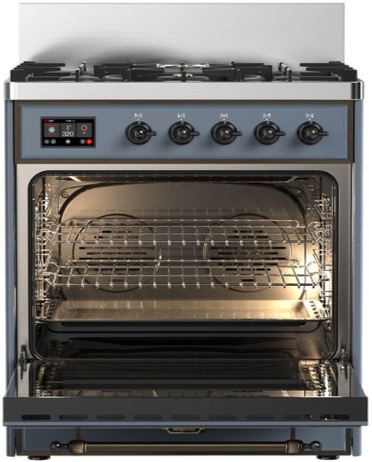 Ilve® Majestic III 30" Blue Gray Pro Style Dual Fuel Liquid Propane Range with Triple Glass Door and Burnished Trim-2