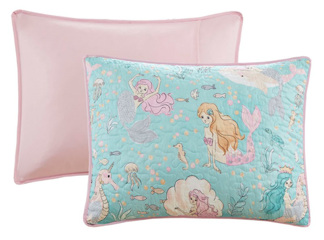 Olliix by Mi Zone Kids Darya Aqua/Pink Twin Printed Mermaid Reversible Coverlet Set-3