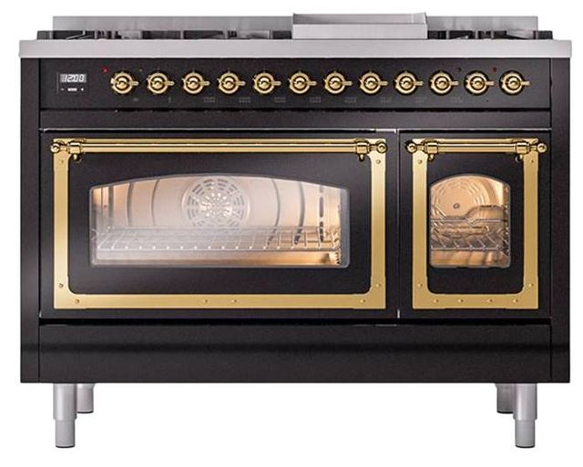 Ilve® Nostalgie II Noblesse 48'' Glossy Black Pro Style Dual Fuel Range with Brass Trim-1