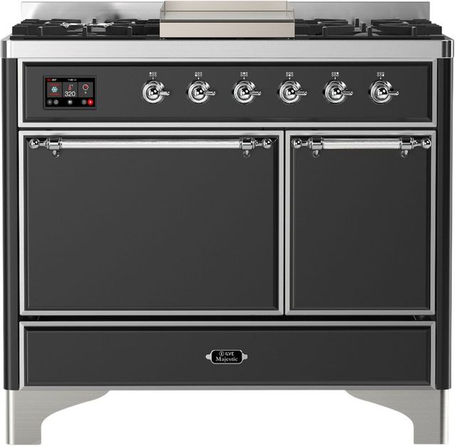 Ilve® Majestic III 40" Graphite Matte Pro Style Dual Fuel Liquid Propane Range with Solid Door and Chrome Trim-0