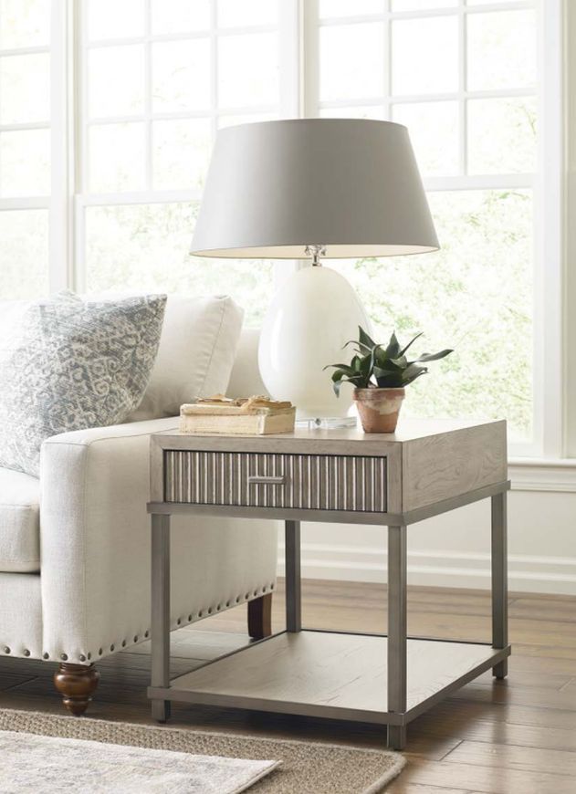 Hammary® West Fork Bailey Aged Taupe End Table with Nickel Base-1