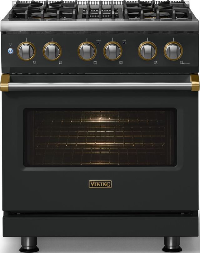 Viking® 5 Series 30" Antique Bronze Pro Style Dual Fuel (LP) Range with Brushed Brass Trim-2