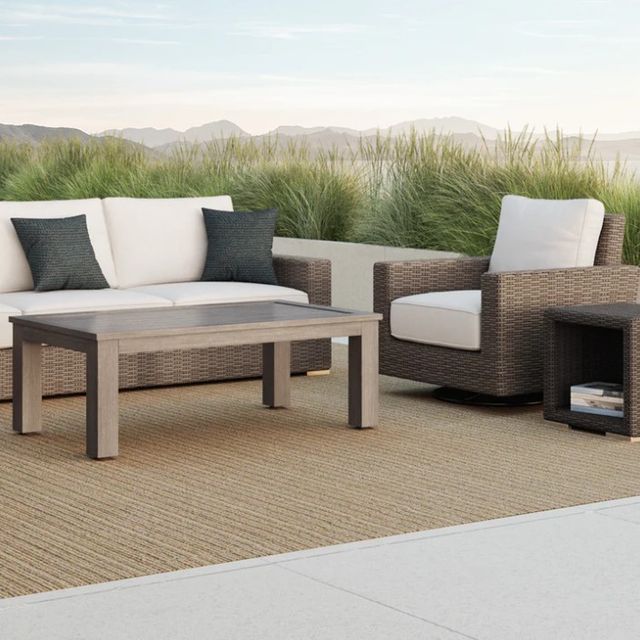 Sunset West Coronado Driftwood Resin Wicker Outdoor Swivel Club Chair with Canvas Flax Cushion-1