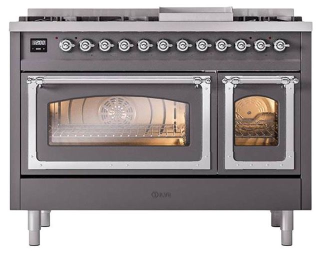 Ilve® Nostalgie II Noblesse 48'' Graphite Matte Pro Style Dual Fuel Range with Copper Trim-1