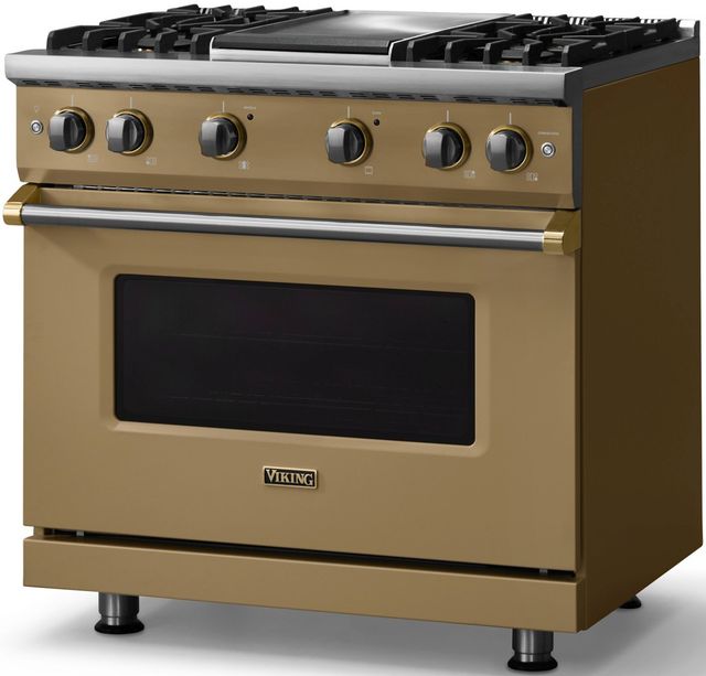 Viking® 5 Series 36" Golden Hour Pro Style Gas (LP) Range with Brushed Brass Trim-2