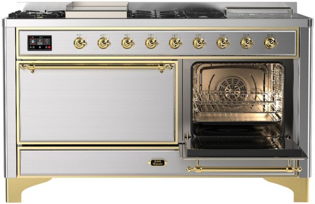 Ilve® Majestic III 60'' Stainless Steel Pro Style Dual Fuel Liquid Propane Range with Solid Door and Brass Trim-3