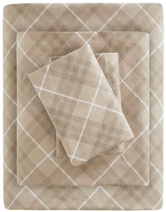 Olliix by True North by Sleep Philosophy Tan Plaid King Cozy Flannel 100% Cotton Flannel Printed Sheet Set-0
