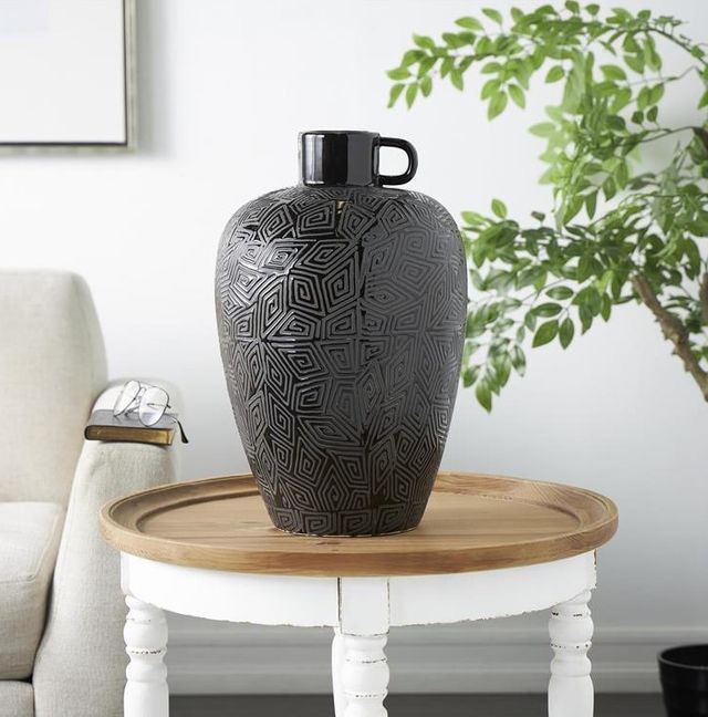 Deco Marche Black Ceramic Vase with Geometric Etching and Handle-4