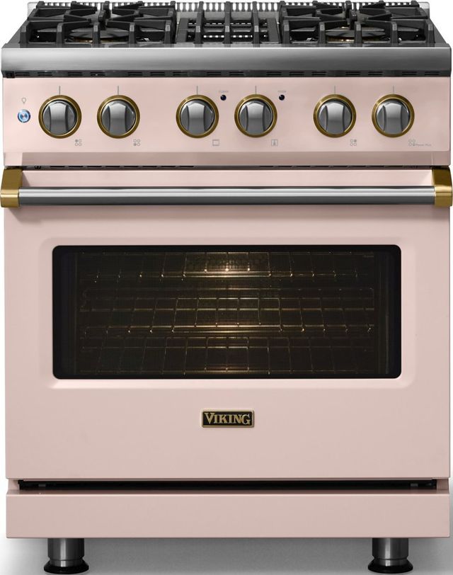 Viking® 5 Series 30" Blush Pro Style Dual Fuel (LP) Range with Brushed Brass Trim-2