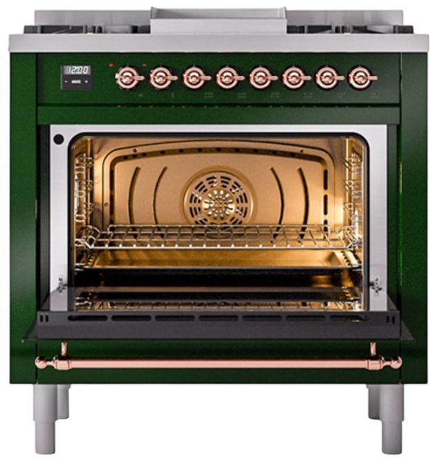 Ilve® Nostalgie II Noblesse 36'' Emerald Green Pro Style Dual Fuel Range with Copper Trim-2