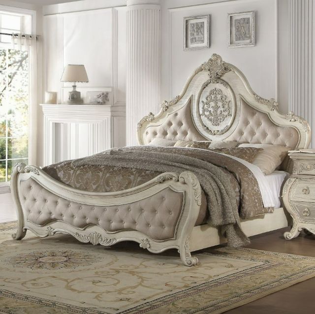 ACME Furniture Ragenardus Antique White/Beige Eastern King Upholstered Panel Bed-3