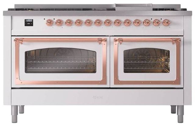 Ilve® Nostalgie II Noblesse 60'' White Pro Style Dual Fuel Range with Copper Trim-1