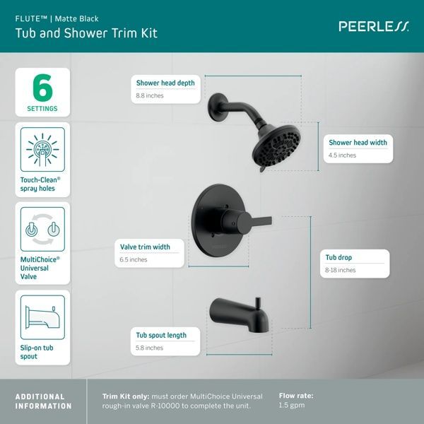 Peerless Flute™ Matte Black Tub and Shower Trim Kit -4