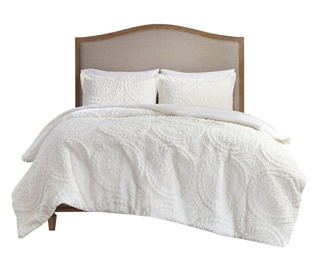 Olliix by Madison Park Arya Ivory Twin Embroidered Medallion Faux Fur Ultra Plush Comforter Mini Set-0