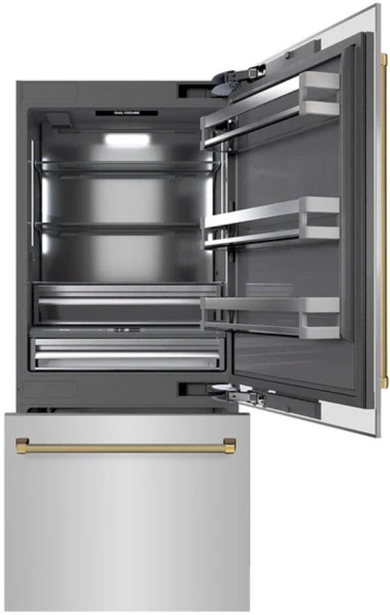ZLINE Autograph Edition 36" 19.8 Cu. Ft. Stainless Steel Built In Bottom Freezer Refrigerator with Water Dispenser, Ice Maker, Graphite Gray Interior and Polished Gold Helix Handles-1