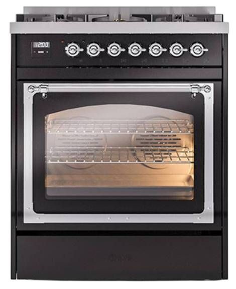 Ilve® Nostalgie II Noblesse 30" Glossy Black Pro Style Dual Fuel Range with Chrome Trim-1