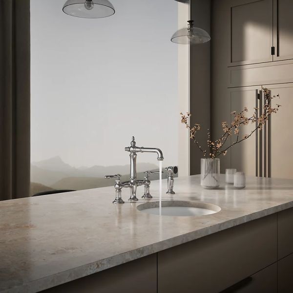KOHLER® Artifacts® Polished Chrome 3-Hole Bridge Bar Sink Faucet with Side Sprayer-2