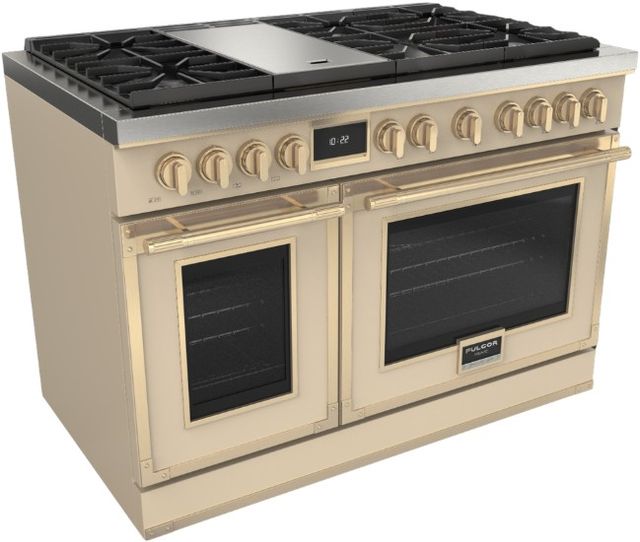 Fulgor Milano® Evoque 400 Series 48” Matte Ivory Pro Style Dual Fuel Range with Brushed Brass Trim-0