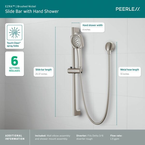 Peerless Ezra® Brushed Nickel Slide Bar with Hand Shower-3
