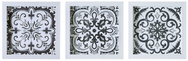 Olliix by Madison Park Montage 3 Black/White Printed Distressed Tile Pattern Decorative Box Wall Art Set-0