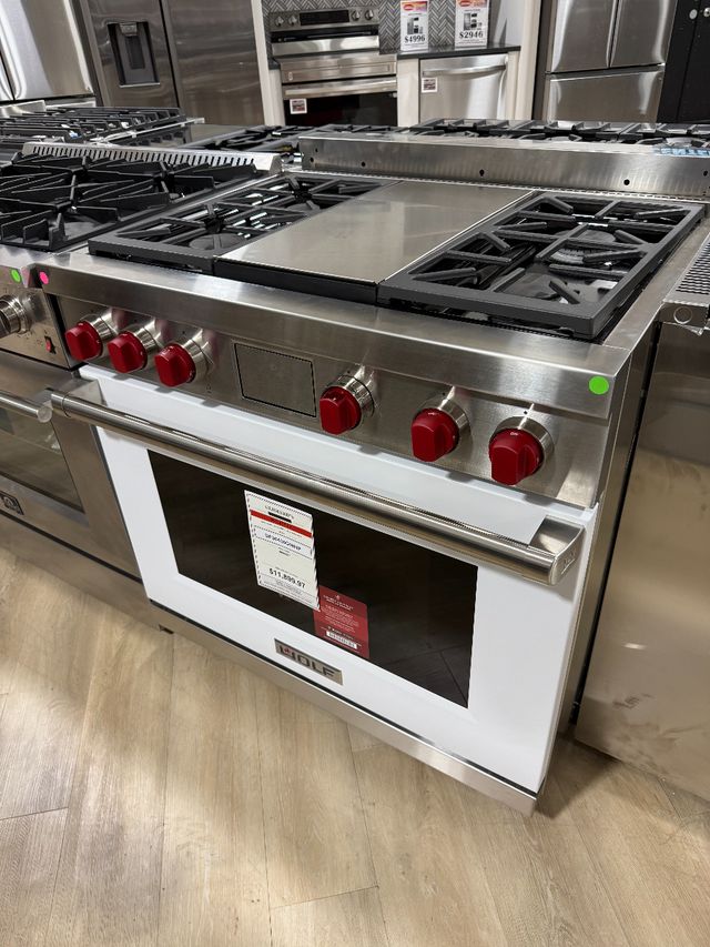 Wolf® 36" Stainless Steel Pro Style Dual Fuel Range with White Door-0