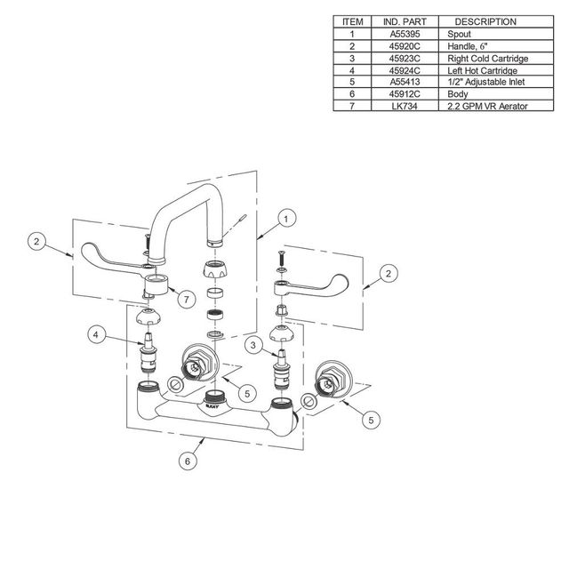 Elkay Chrome Foodservice 8" Centerset Wall Mount Faucet with Arc Tube Spout, Wristblade Handles and Offset Inlets-2