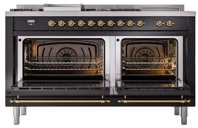 Ilve® Nostalgie II Noblesse 60'' Glossy Black Pro Style Dual Fuel Range with Brass Trim-1