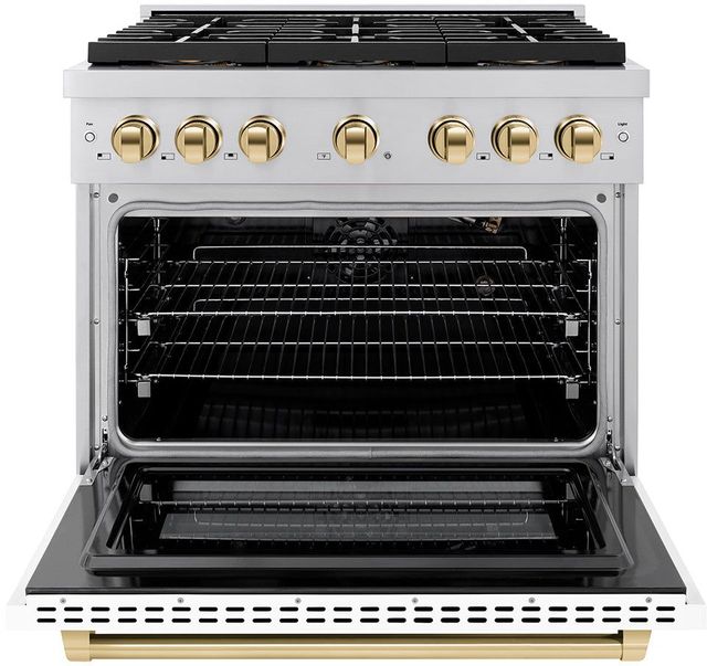 ZLINE Paramount Autograph Edition 36" Stainless Steel Pro Style Gas Range with White Matte Door and Polished Gold Accents-1