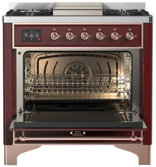 Ilve® Majestic III 36" Burgundy Pro Style Dual Fuel Natural Gas Range with Solid Door and Copper Trim-1