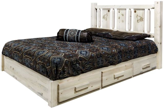 Montana Woodworks® Homestead Ready to Finish California King Platform Storage Bed with Laser Engraved Wolf Design-2