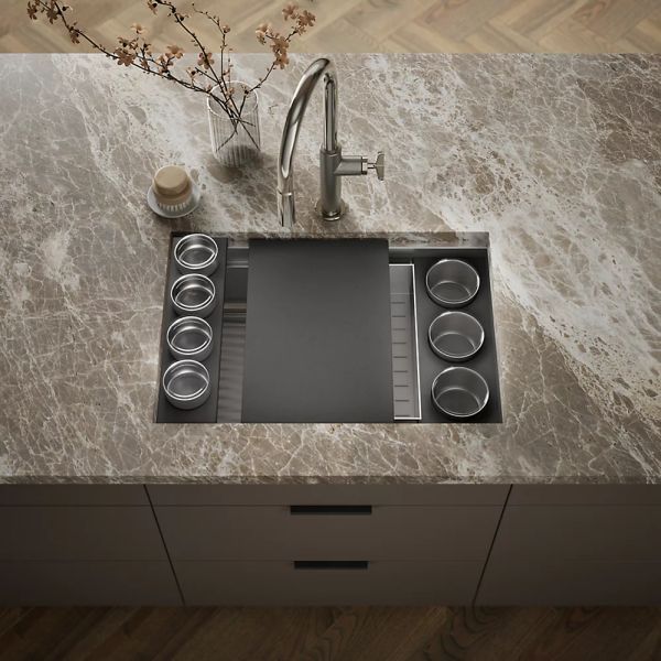 KOHLER® Synthos™ Matte Black/Stainless Steel 28" Undermount Single-Bowl Workstation Kitchen Sink-1