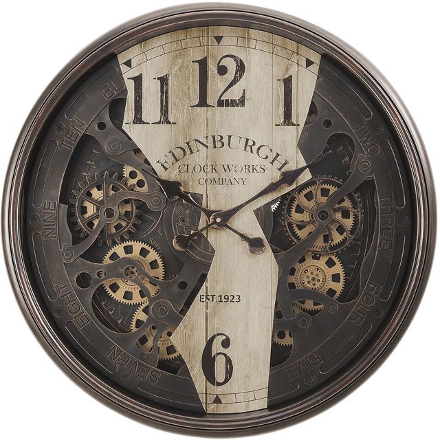 Monarch Specialties Inc. Brown 30" Oversized Round Wall Clock with Standard Numbers on Two-Tone Gear-0